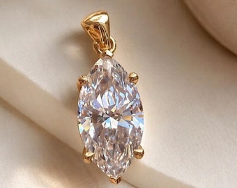 Collar con colgante clásico de moissanita talla marquesa de 14 x 7 mm, colgante solitario de diamante engastado con garras, colgante de oro amarillo de 18 quilates para mujer, solo el colgante.
