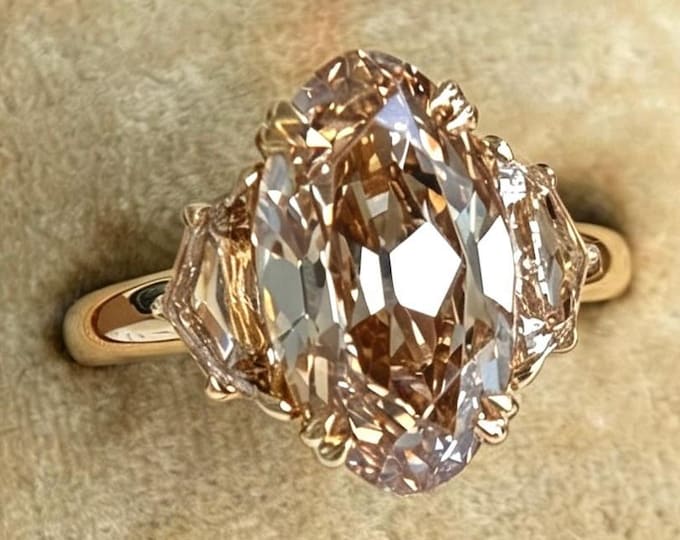 Antique Champagne Diamond Ring Trillion Side Accents Champagne Moissanite Engagement Ring Vintage Three Stone Solid Gold Anniversary Gift