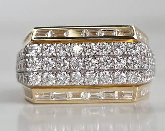 Men’s Diamond Pavé Statement Ring in 14K Gold, Baguette Cut Wide Band Luxury Cocktail Ring for Him