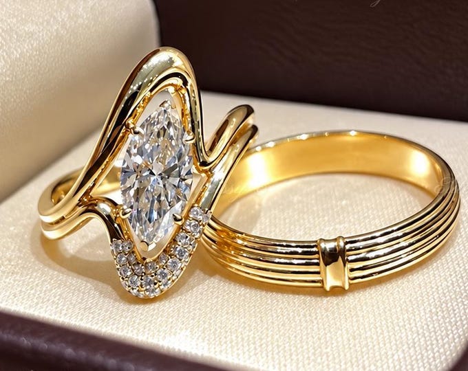 Sculptural Wave Ring Set Marquise Cut Moissanite Engagement Ring Set Unique Wedding Ring Pavé Diamond Ring Bridal Ring Set Ribbed Gold Band