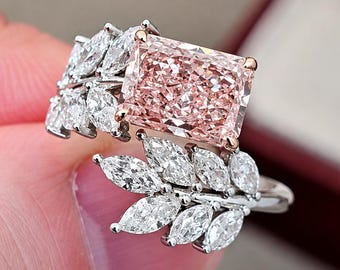Verlobungsring mit 1,5 Karat rosafarbenem, im Labor gezüchtetem Diamanten im Radiant-Schliff, Marquise-Diamant, floralem Blattmuster und 14-karätigem Massivgold – ein Statement-Ring für Damen