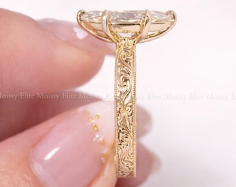 Anillo de compromiso de 3 quilates con talla marquesa, de inspiración vintage, hecho a mano, con banda grabada, oro amarillo, solitario, anillo antiguo, anillo de promesa único.