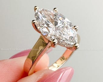 Anillo de banda de cigarro marquesa de 2,50 CT, oro de 14 quilates, banda de cigarro plana, anillo de moissanita, banda de cigarro de 3 mm de grosor, anillo solitario marquesa con halo oculto.