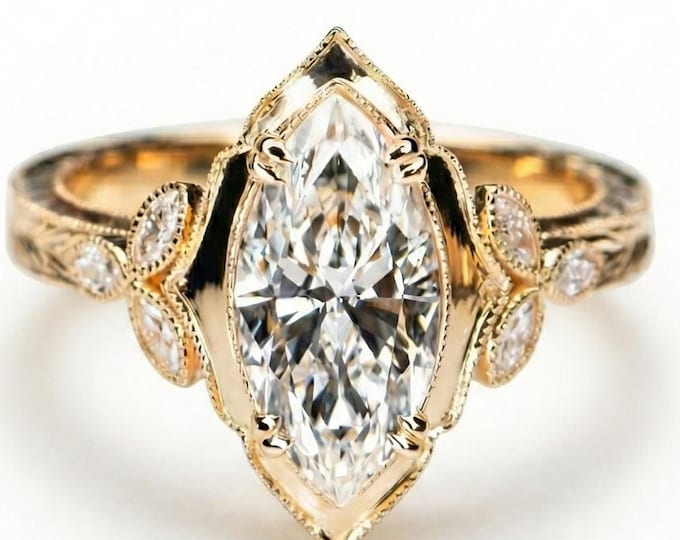Vintage Marquise Lab Grown Diamond Engagement Ring, Antique Filigree Milgrain Ring, Art Deco Wedding Ring, 18K Solid Gold for Women