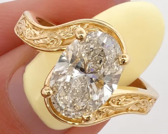 Handcrafted Engraved Art Deco Ring 3CT Oval Lab Grown Diamond Engagement Ring Vintage Filigree Bypass Ring Unique Bridal Ring Promise Ring