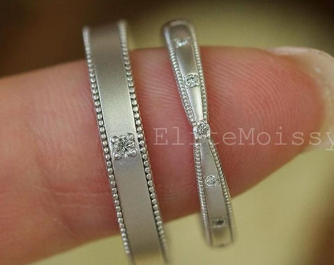 Matching 18KT Gold His & Hers Diamond Bands Milgrain Edge Wedding Ring Set Round Cut Diamonds Band