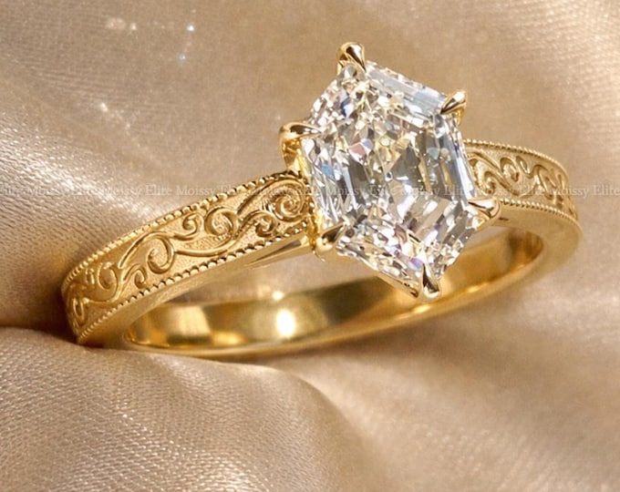 Vintage 2 CT Hexagon Diamond Engagement Ring, Art Deco Yellow Gold Filigree Wedding Ring, 14K Solid Gold Hexagon Cut Promise Ring for Women