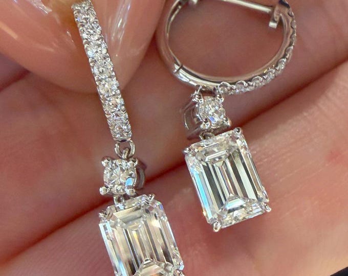 Emerald Cut Lab Grown Diamond Earrings, Dangle Drop Earrings, Diamond Hoop Huggie Earrings, 14K Gold Bridal, Statement Wedding Earrings