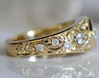 Anillo Art Déco grabado de inspiración vintage, oro de 14 quilates, banda hecha a mano, engaste de diamantes al ras, anillo de boda de estilo antiguo para mujer.