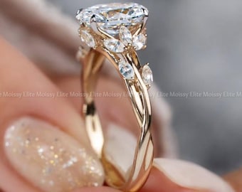 Anillo de compromiso ovalado floral con moissanita, anillo de boda vintage de oro de 14 quilates con moissanita y diamantes, anillo inspirado en la naturaleza, anillo de promesa para mujer.