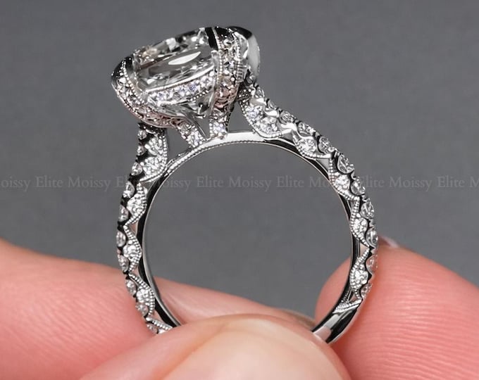 3CT Cushion Cut Moissanite Engagement Ring Pavé Diamond Band 14K White Gold Wedding Ring Vintage Inspired Bridal Proposal Ring for Her