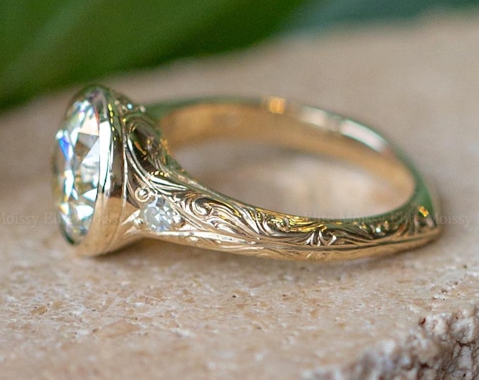Art Deco Old European Cut Moissanite Diamond Engagement Ring Euro Shank Wedding Ring Handcrafted Engraved Ring Solitaire Bezel Ring for Him