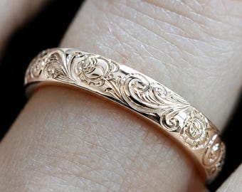Engraved Gold Ring Floral Band Thin Vintage Style Stackable Dainty Band