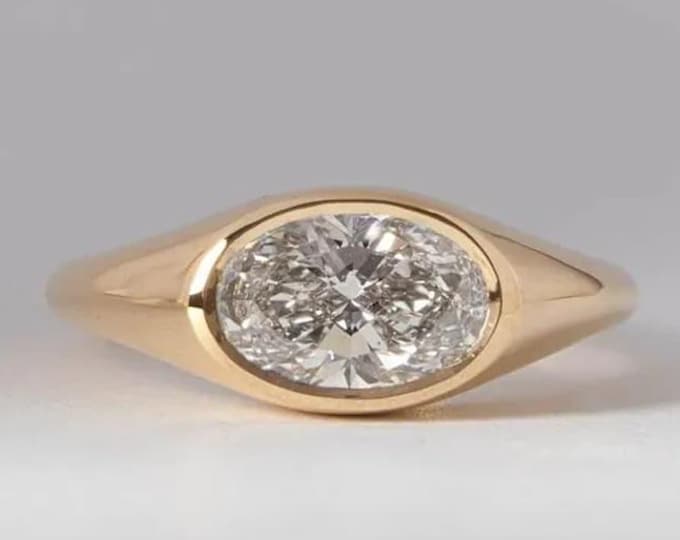 1.5 CT Oval Cut Moissanite Engagement Ring, 14K Solid Gold Ring, Proposal Ring, East West Ring, Oval Bezel Ring, Chunky Ring For Women