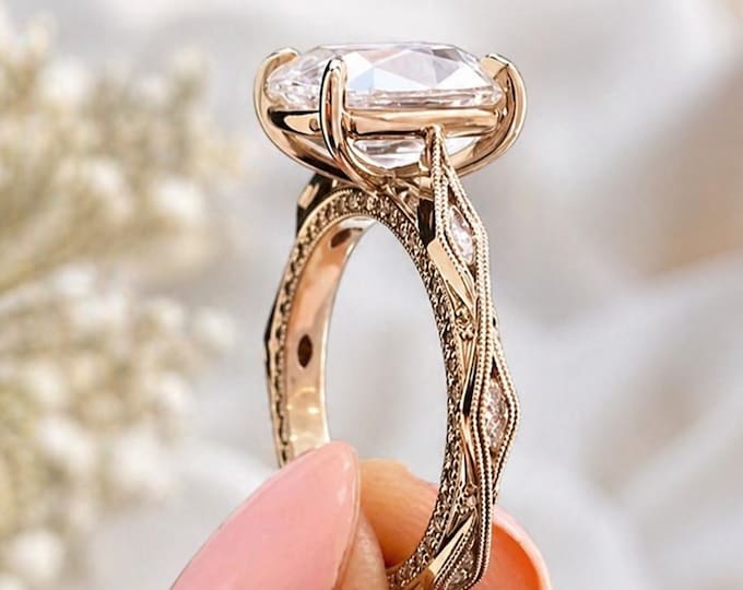 3CT Elongated Old Mine Cushion Cut Lab Grown Diamond Ring 14K Solid Gold Milgrain Solitaire Ring Antique Inspired Engagement Ring