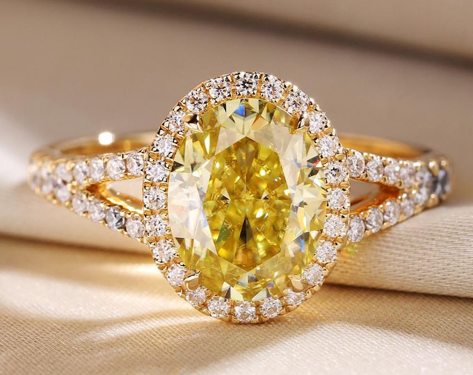 Classic 2.85CT Canary Yellow Oval Moissanite Halo Diamond Engagement Ring, Split Shank Pave Wedding Ring, Designer Bridal Ring