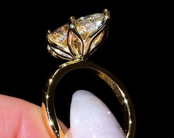 Anillo de compromiso para mujer con moissanita de 3 quilates, talla marquesa y halo oculto. Anillo con engaste de tulipán y talla marquesa. Anillo de boda de oro macizo de 14 quilates con diamante talla marquesa.