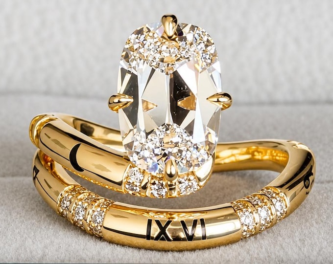 3CT IGI Certified Elongated Old Mine Cushion Cut Lab Grown Engagement Ring Set, Roman Numeral Bypass Wedding Band, 14K Gold Bridal Set