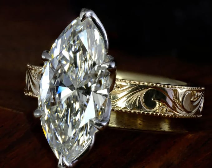 Vintage Art Deco Hand Engraved Floral Filigree Ring, Marquise Cut IGI Certified Diamond Engagement Ring, Wave Engraved 18K Gold Wedding Ring