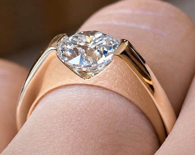 Round Cut Tension Set Engagement Ring Floating Solitaire Ring Minimalist Solid Gold Ring Modern Wedding Ring for Women