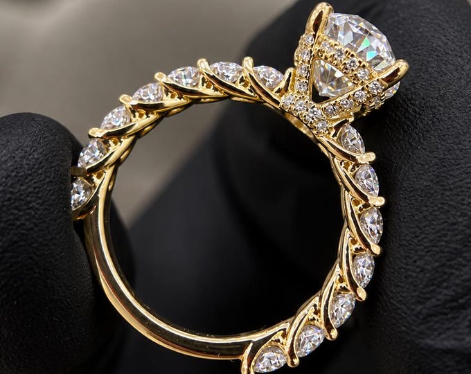 3.5CT Oval Lab Grown Diamond Engagement Ring Hidden Halo Wedding Ring 14K Solid Gold Ring Organic Band Open Gallery Sculptural Setting Ring