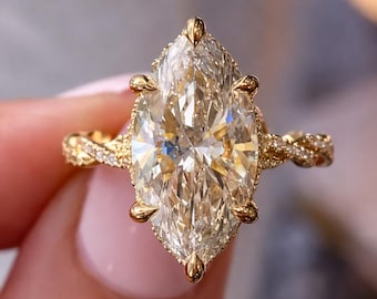 Anillo de compromiso de moissanita marquesa de 4 quilates, oro macizo de 14 quilates, caña retorcida, diamante, solitario, halo oculto, para mamá.