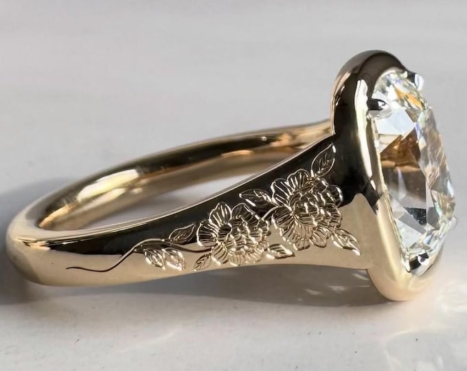 Handcrafted Engraved Floral Old Mine Cushion Cut Moissanite Engagement Ring 14K Gold Handmade Nature Inspired Wedding Ring