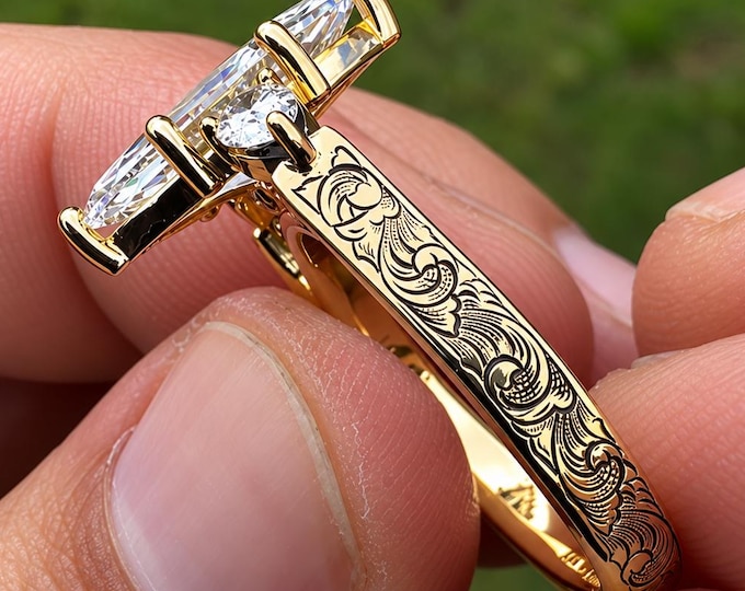 Wave Engraved 18K Gold Wedding Ring IGI Certified Marquise Cut Diamond Engagement Ring Three Stone Pear Accents Ring Art Deco Ring for Her