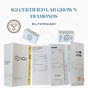 May include: Image features IGI certified lab-grown diamonds. The image includes several white boxes and documents with the IGI logo and text. The text on the image reads "IGI CERTIFIED LAB GROWN DIAMONDS" and "ELITEMOISSY".