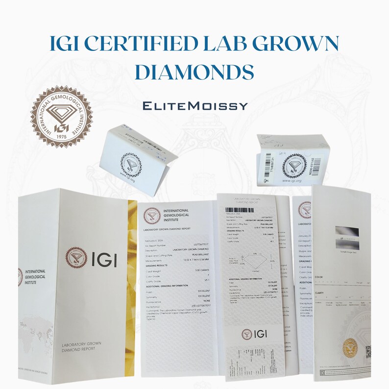 May include: Image features IGI certified lab-grown diamonds. The image includes several white boxes and documents with the IGI logo and text. The text on the image reads "IGI CERTIFIED LAB GROWN DIAMONDS" and "ELITEMOISSY".