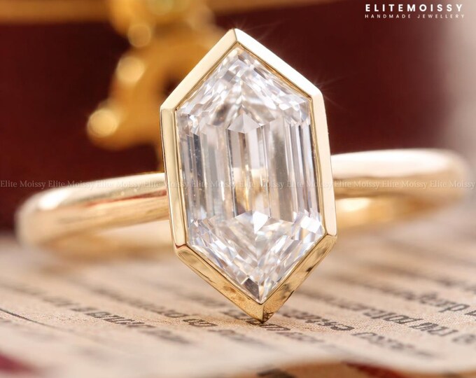 Hexagon Lab Grown Diamond Ring Bezel Set Engagement Ring Solitaire Diamond Wedding Ring 14K Solid Yellow Gold Ring Anniversary Gift for Him