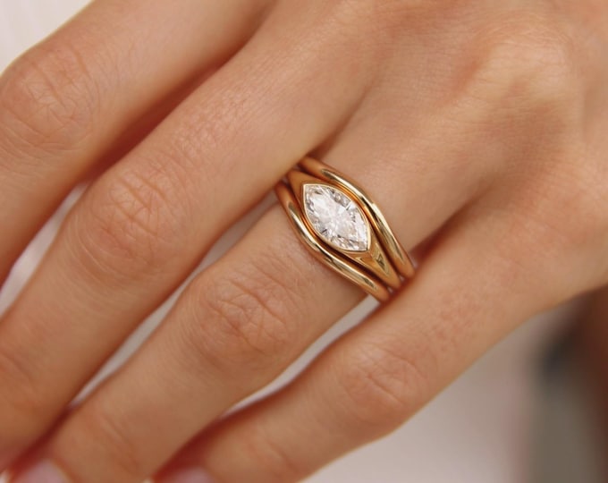 East West Ring Set 1.5 CT Marquise Cut Moissanite Engagement Ring Set 14K Solid Gold Ring Set Two Curved Band Stackable Ring Set For Her