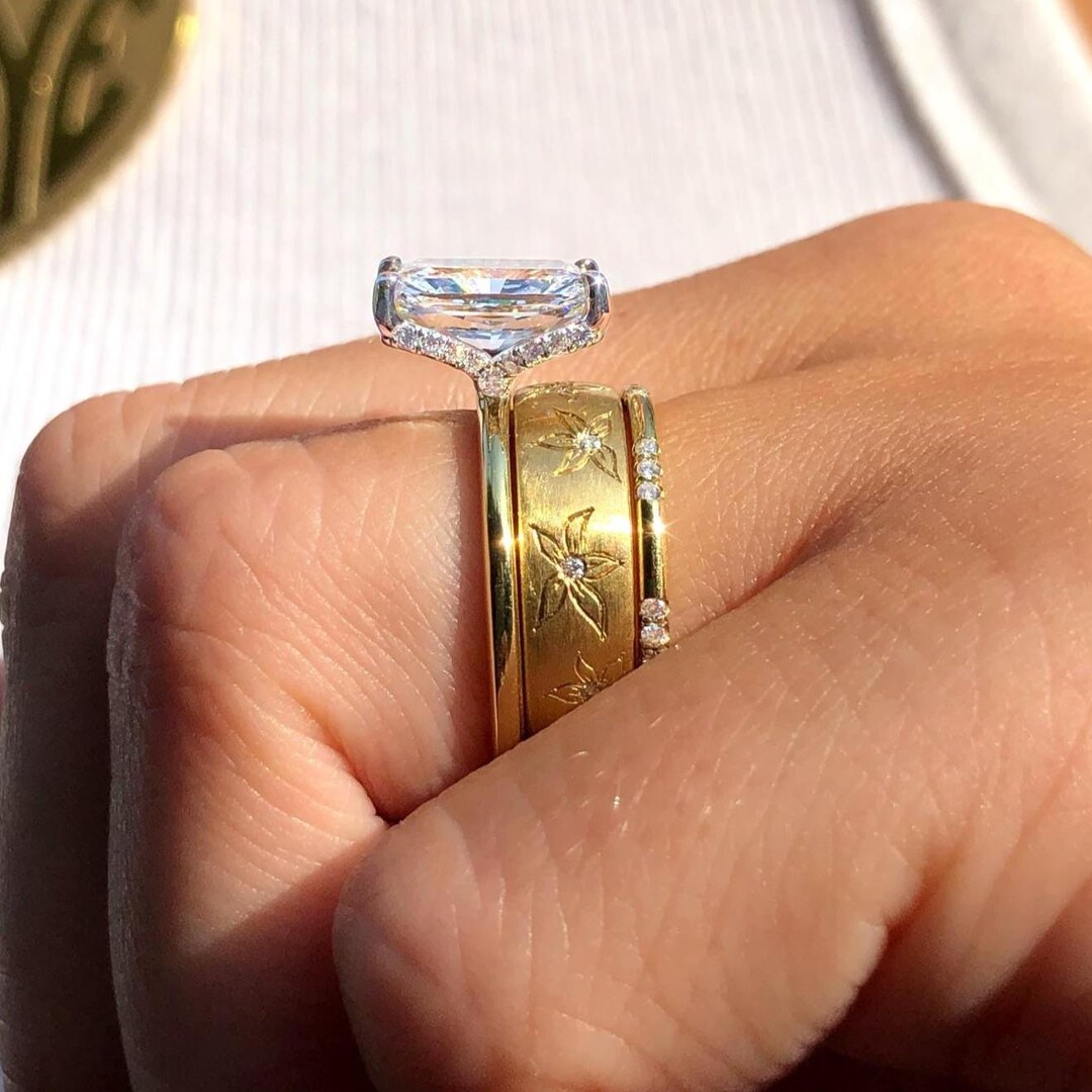 4CT Radiant Cut Lab-grown Diamond Engagement Ring Set Engraved Gold ...