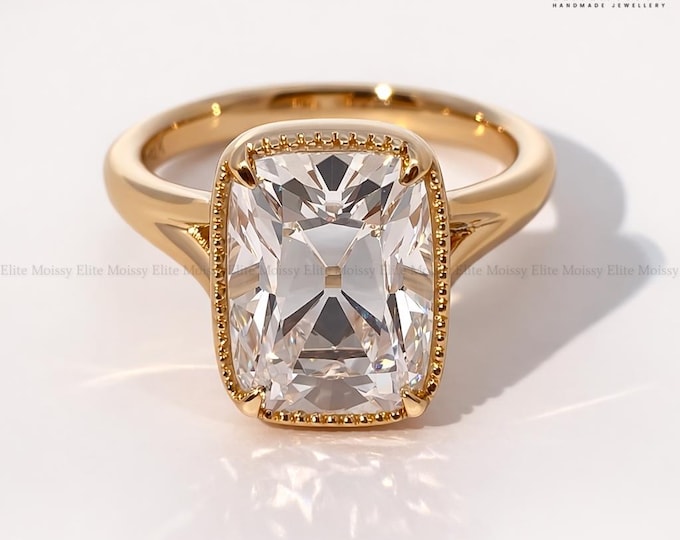5CT Old Mine Elongated Cushion Cut Moissanite Engagement Ring, 14K Solid Gold Cathedral Solitaire Ring, Antique Milgrain Ring