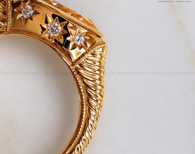 Vintage Style Bezel Marquise Engagement Ring Celestial Star Diamond Ring 14K Solid Gold Wedding Ring Antique Style Engraved Ring for Her