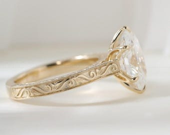 Anillo Art Déco grabado a mano, anillo de compromiso ovalado de moissanita, anillo de oro macizo de 14 quilates con engaste de tulipán, anillo de boda solitario de diamante para mujer.