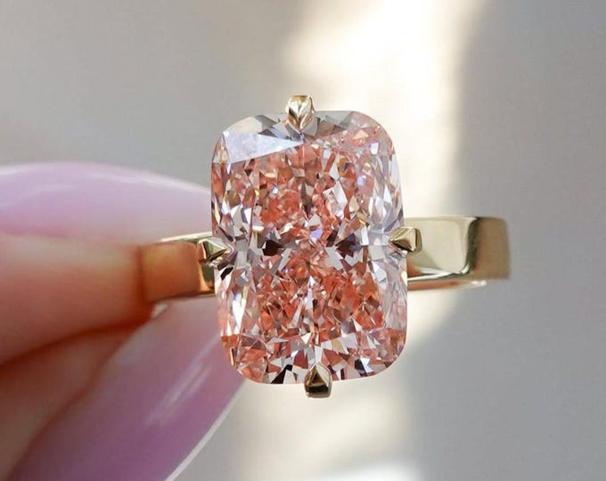 4CT Pink Elongated Cushion Cut Lab-Grown CVD Diamond IGI Engagement Ring, 14K/18K Solid Gold, Flat Wide Band Solitaire Ring, Wedding Gift