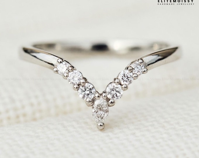 Chevron Diamond Wedding Band V Shape Wishbone Ring Marquise Diamond Ring Curved Stacking Band Minimal Bridal Ring