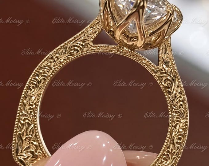 Hand Engraved Vintage Art Deco Ring 4CT Marquise Cut Lab Grown Diamond Engagement Ring Tulip Setting Solitaire Ring with Euro Shank