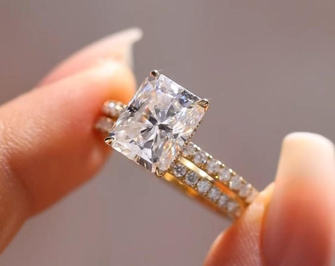 3CT Radiant Cut Moissanite Engagement Ring Set, Hidden Halo 14K Gold Wedding Bridal Set