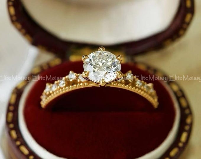 Round Brilliant Cut Diamond Engagement Ring 14K Yellow Gold Solitaire Ring Dainty Bridal Ring Promise Ring for Her Classic Solitaire Ring