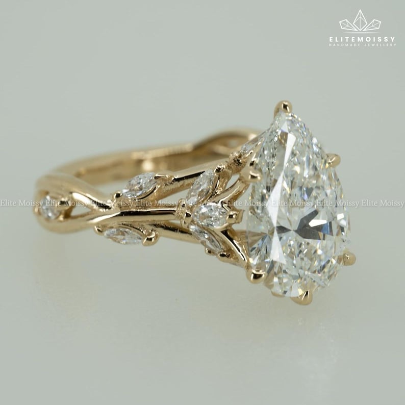 Floral Pear Shaped Moissanite Engagement Ring 14K Gold Pear Twisted Band Ring Nature Inspired Floral Ring Vintage Diamond Leaf Design image 1