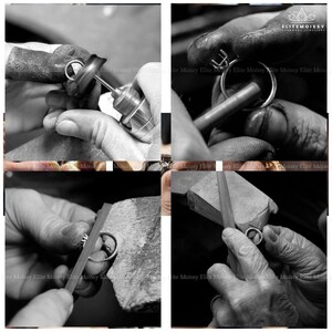 May include: A black and white collage showing the process of jewelry making. The images show hands working on rings with various tools, including a polishing tool and a file. The brand name "ELITEMOISSY" is visible in the images.