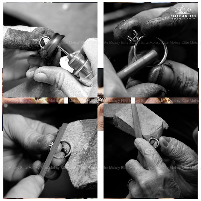 May include: A black and white collage showing the process of jewelry making. The images show hands working on rings with various tools, including a polishing tool and a file. The brand name "ELITEMOISSY" is visible in the images.