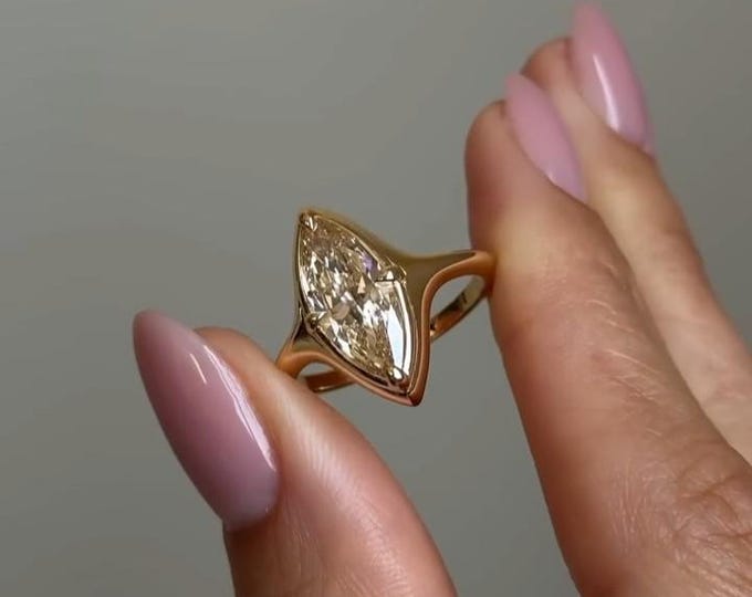 2 CT Marquise Cut Moissanite Engagement Ring, 14K Solid Gold Ring, Bezel Setting Ring, Solitaire Ring, Proposal Ring, Anniversary Gift