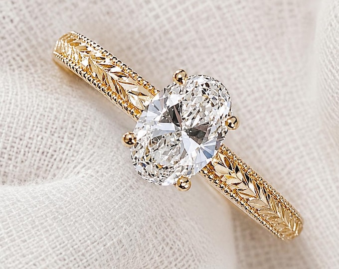 Handcrafted Art Deco Vintage Oval Moissanite Engagement Ring, 14K Solid Gold Milgrain Filigree Ring, Vintage Proposal Ring for Women