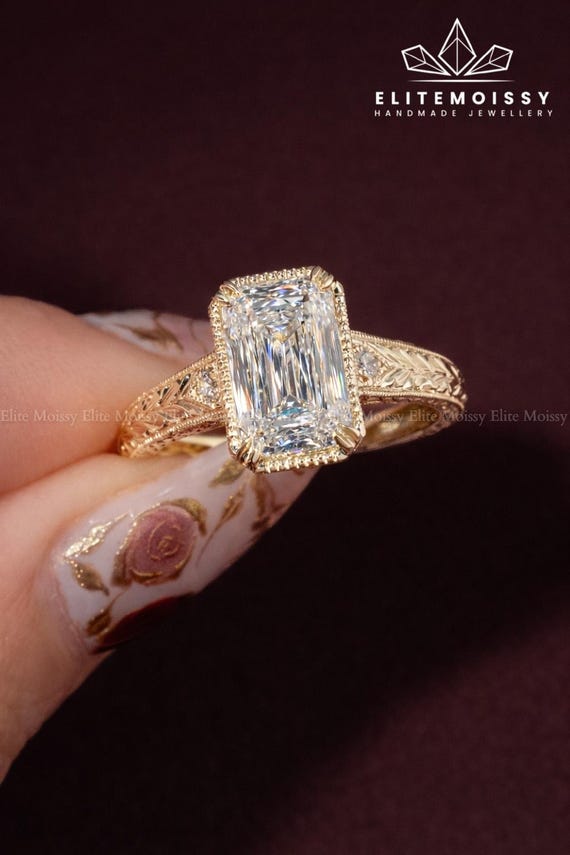 Vintage Inspired Criss Cut Lab Grown Diamond Engagement Ring Art Deco 14K Solid Gold Hand Engraved Cathedral Setting Ring Heirloom Gift