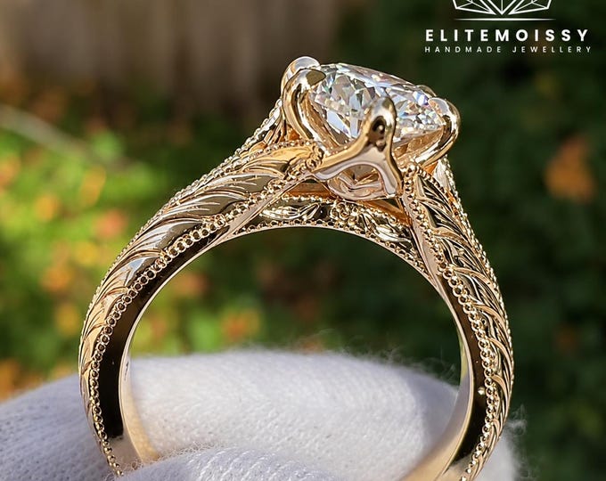 Handcrafted Engraved Filigree Ring Oval Shaped Moissanite Engagement Ring Six Prong Wedding Ring 14K Solid Gold Ring Engraved Ring