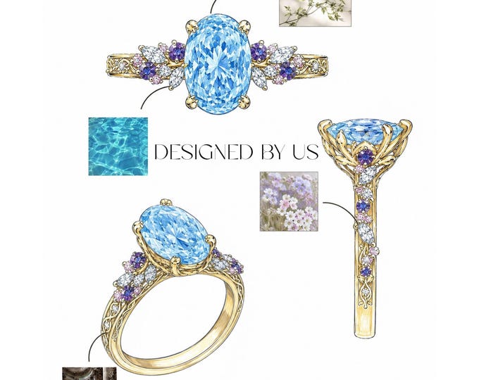 Designed by Us, Custom Ring From Sketch, Blue Oval Lab Grown Diamond Engagement Ring, Engraved Cluster Ring, Unique Bridal Ring
