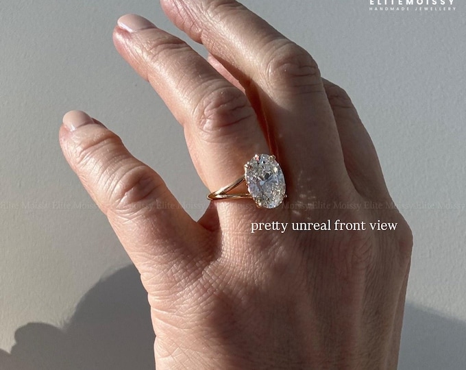 3CT Oval Cut Lab Grown Diamond Engagement Ring Split Shank Ring 14K Solid Gold Solitaire Diamond Ring Antique Tulip Setting Wedding Ring